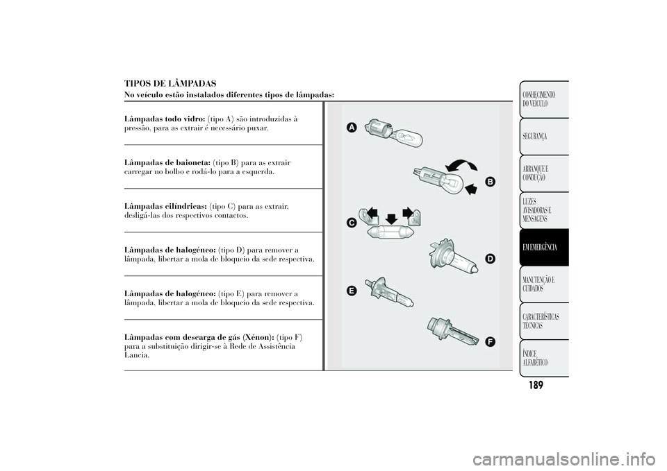 Lancia Ypsilon 2014 Manual de Uso e Manutenção (in Portuguese) TIPOS DE LÂMPADASNo veículo estão instalados diferentes tipos de lâmpadas:
Lâmpadas todo vidro:(tipo A) são introduzidas à
pressão, para as extrair é necessário puxar.
Lâmpadas de baioneta: Lancia Ypsilon 2014 Manual de Uso e Manutenção (in Portuguese) TIPOS DE LÂMPADASNo veículo estão instalados diferentes tipos de lâmpadas:
Lâmpadas todo vidro:(tipo A) são introduzidas à
pressão, para as extrair é necessário puxar.
Lâmpadas de baioneta: