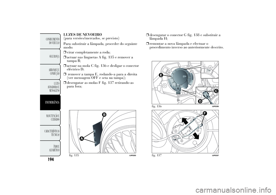 Lancia Ypsilon 2014 Manual de Uso e Manutenção (in Portuguese) LUZES DE NEVOEIRO
(para versões/mercados, se previsto)
Para substituir a lâmpada, proceder do seguinte
modo:
❒virar completamente a roda;
❒actuar nas linguetas A fig. 135 e remover a
tampa B;
Lancia Ypsilon 2014 Manual de Uso e Manutenção (in Portuguese) LUZES DE NEVOEIRO
(para versões/mercados, se previsto)
Para substituir a lâmpada, proceder do seguinte
modo:
❒virar completamente a roda;
❒actuar nas linguetas A fig. 135 e remover a
tampa B;