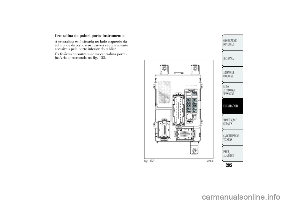 Lancia Ypsilon 2014  Manual de Uso e Manutenção (in Portuguese) fig. 155
L0F0248
205CONHECIMENTO
DO VEÍCULO
SEGURANÇA
ARRANQUE E
CONDUÇÃO
LUZES
AVISADORAS E
MENSAGENSEM EMERGÊNCIAMANUTENÇÃO E
CUIDADOS
CARACTERÍSTICAS
TÉCNICAS
ÍNDICE
ALFABÉTICO
Centralin