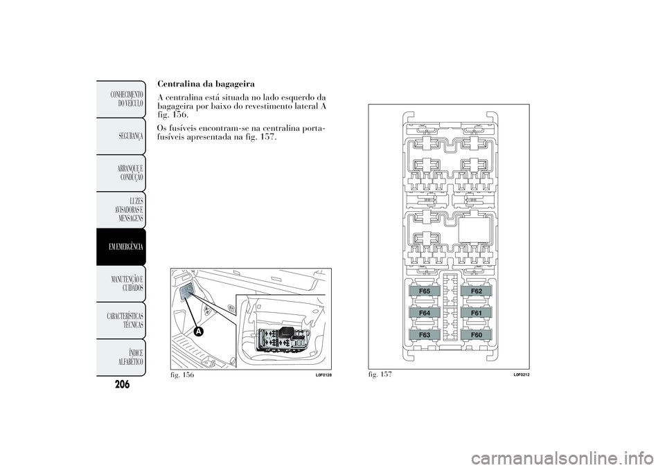 Lancia Ypsilon 2014  Manual de Uso e Manutenção (in Portuguese) fig. 157
L0F0212
206CONHECIMENTO
DO VEÍCULO
SEGURANÇA
ARRANQUE E
CONDUÇÃO
LUZES
AVISADORAS E
MENSAGENSEM EMERGÊNCIAMANUTENÇÃO E
CUIDADOS
CARACTERÍSTICAS
TÉCNICAS
ÍNDICE
ALFABÉTICO
Centralin