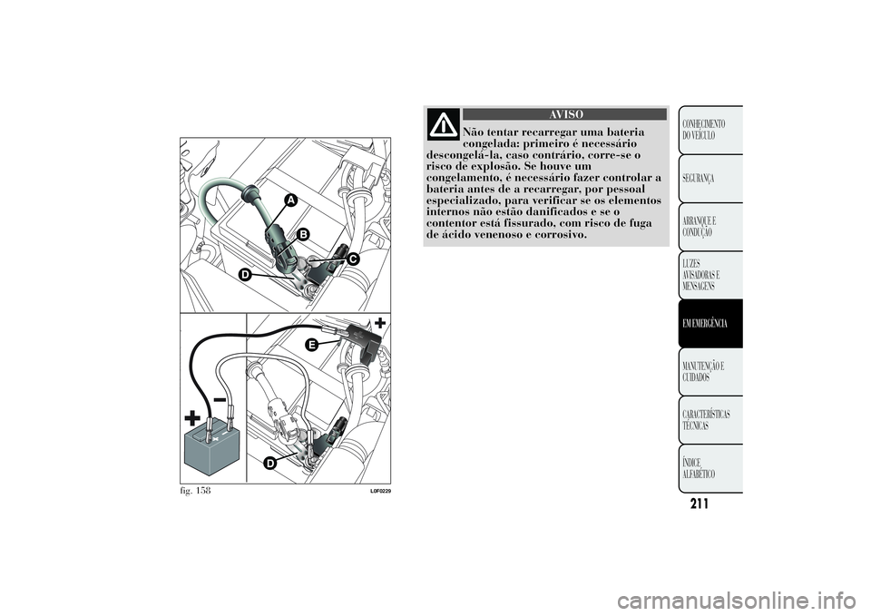 Lancia Ypsilon 2014 Manual de Uso e Manutenção (in Portuguese) AVISO
Não tentar recarregar uma bateria
congelada: primeiro é necessário
descongelá-la, caso contrário, corre-se o
risco de explosão. Se houve um
congelamento, é necessário fazer controlar a
b Lancia Ypsilon 2014 Manual de Uso e Manutenção (in Portuguese) AVISO
Não tentar recarregar uma bateria
congelada: primeiro é necessário
descongelá-la, caso contrário, corre-se o
risco de explosão. Se houve um
congelamento, é necessário fazer controlar a
b