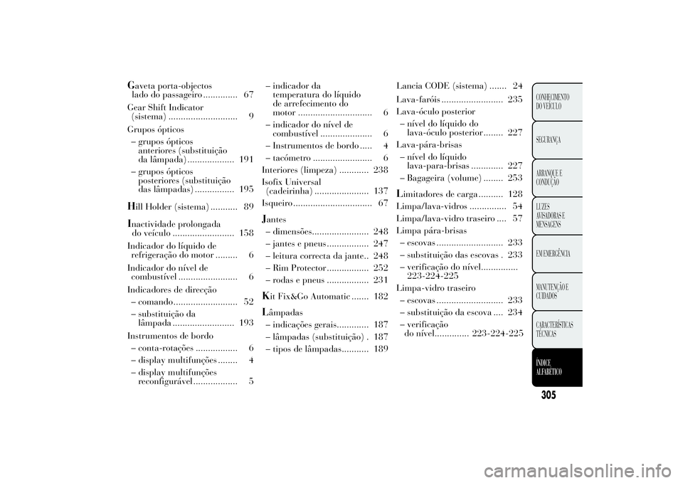 Lancia Ypsilon 2013  Manual de Uso e Manutenção (in Portuguese) Gaveta porta-objectos
lado do passageiro .............. 67
Gear Shift Indicator
(sistema) ............................ 9
Grupos ópticos
– grupos ópticos
anteriores (substituição
da lâmpada) ...