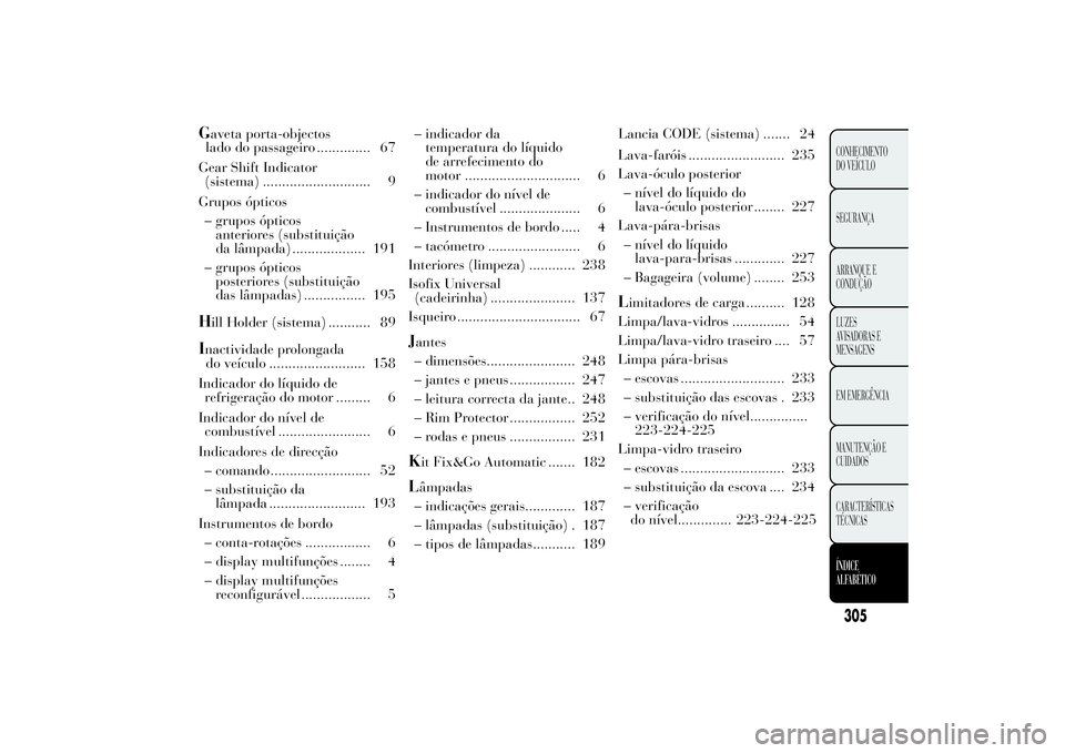 Lancia Ypsilon 2013 Manual de Uso e Manutenção (in Portuguese) Gaveta porta-objectos
lado do passageiro .............. 67
Gear Shift Indicator
(sistema) ............................ 9
Grupos ópticos
– grupos ópticos
anteriores (substituição
da lâmpada) ... Lancia Ypsilon 2013 Manual de Uso e Manutenção (in Portuguese) Gaveta porta-objectos
lado do passageiro .............. 67
Gear Shift Indicator
(sistema) ............................ 9
Grupos ópticos
– grupos ópticos
anteriores (substituição
da lâmpada) ...