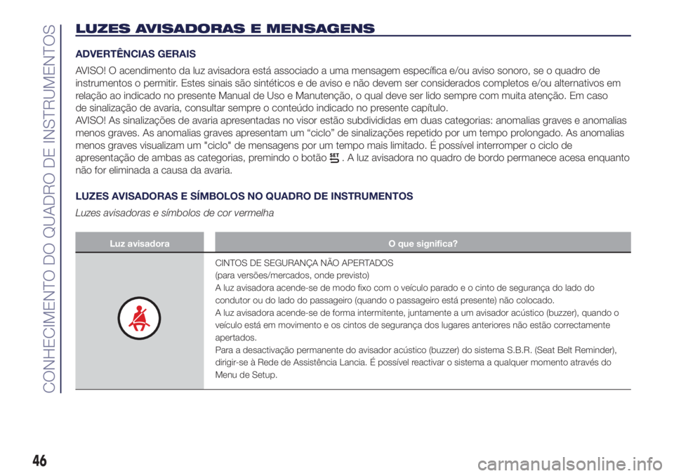 Lancia Ypsilon 2016  Manual de Uso e Manutenção (in Portuguese) LUZES AVISADORAS E MENSAGENS
ADVERTÊNCIAS GERAIS
AVISO! O acendimento da luz avisadora está associado a uma mensagem específica e/ou aviso sonoro, se o quadro de
instrumentos o permitir. Estes sina