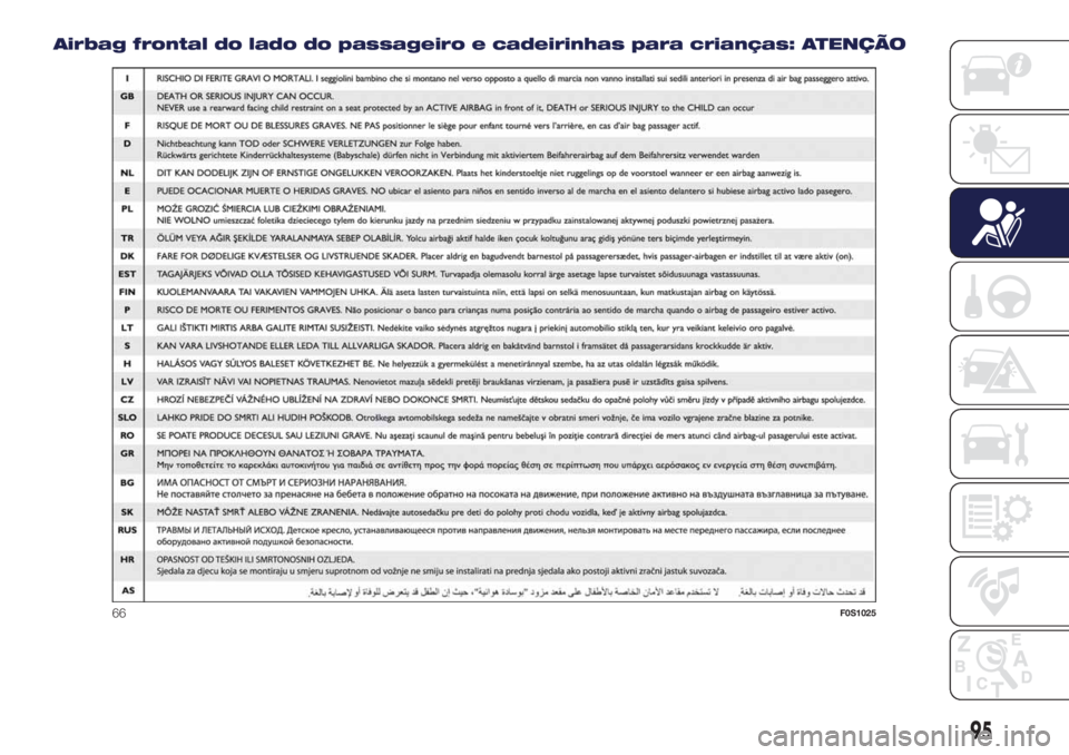 Lancia Ypsilon 2017 Manual de Uso e Manutenção (in Portuguese) Airbag frontal do lado do passageiro e cadeirinhas para crianças: ATENÇÃO
66F0S1025
95 Lancia Ypsilon 2017 Manual de Uso e Manutenção (in Portuguese) Airbag frontal do lado do passageiro e cadeirinhas para crianças: ATENÇÃO
66F0S1025
95