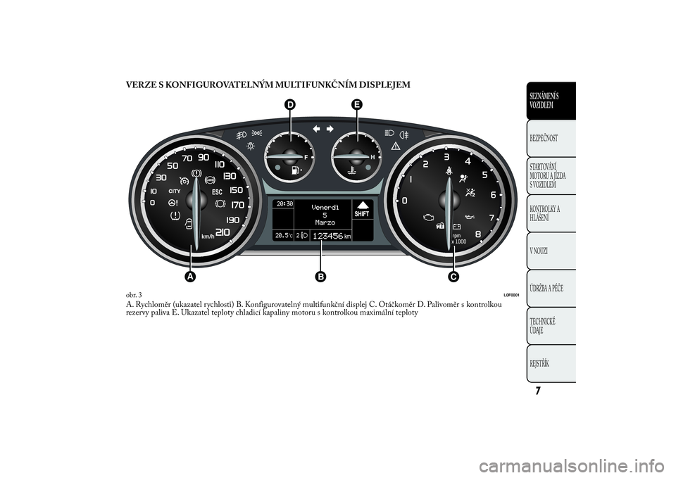 Lancia Ypsilon 2011  Návod k použití a údržbě (in Czech) VERZE S KONFIGUROVATELNÝM MULTIFUNKČNÍM DISPLEJEMA. Rychloměr (ukazatel rychlosti) B. Konfigurovatelný multifunkční displej C. Otáčkoměr D. Palivoměr s kontrolkou
rezervy paliva E. Ukazatel