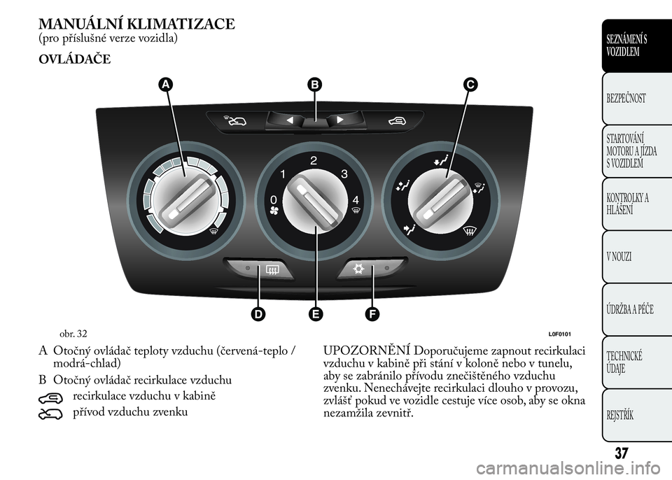 Lancia Ypsilon 2015  Návod k použití a údržbě (in Czech) MANUÁLNÍ KLIMATIZACE
(pro příslušné verze vozidla)
OVLÁDAČE
A Otočný ovládač teploty vzduchu (červená-teplo /
modrá-chlad)
B Otočný ovládač recirkulace vzduchu
recirkulace vzduchu v