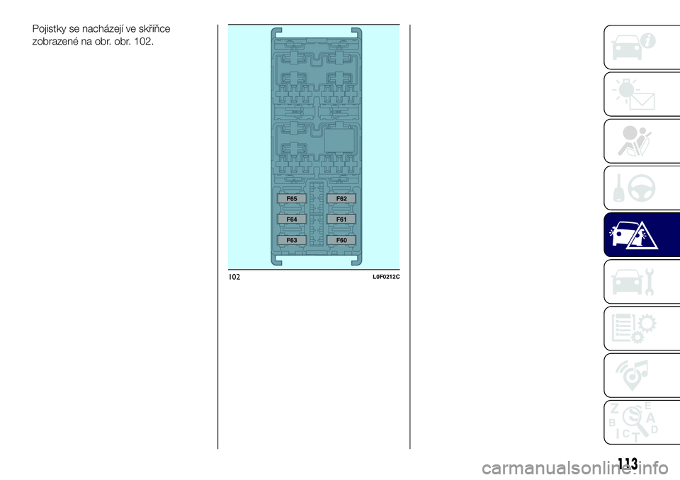 Lancia Ypsilon 2018  Návod k použití a údržbě (in Czech) 102L0F0212C
113
Pojistky se nacházejí ve skříňce
zobrazené na obr. obr. 102. 