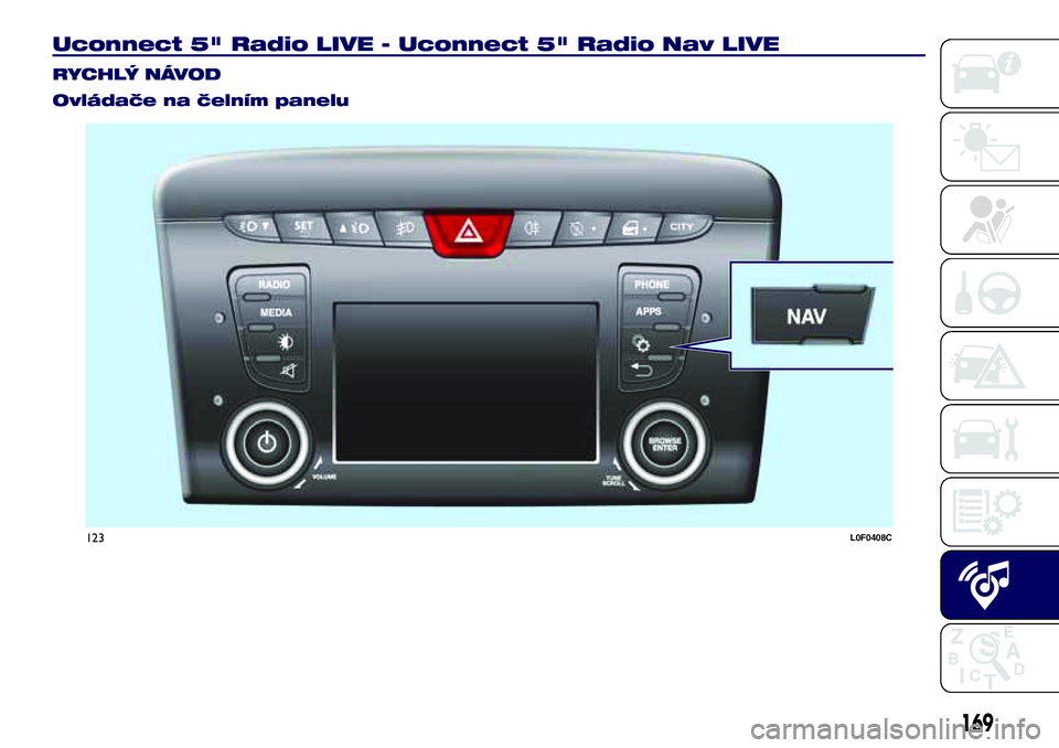 Lancia Ypsilon 2017  Návod k použití a údržbě (in Czech) Uconnect 5" Radio LIVE - Uconnect 5" Radio Nav LIVE.
RYCHLÝ NÁVOD
Ovládače na čelním panelu
123L0F0408C
169 