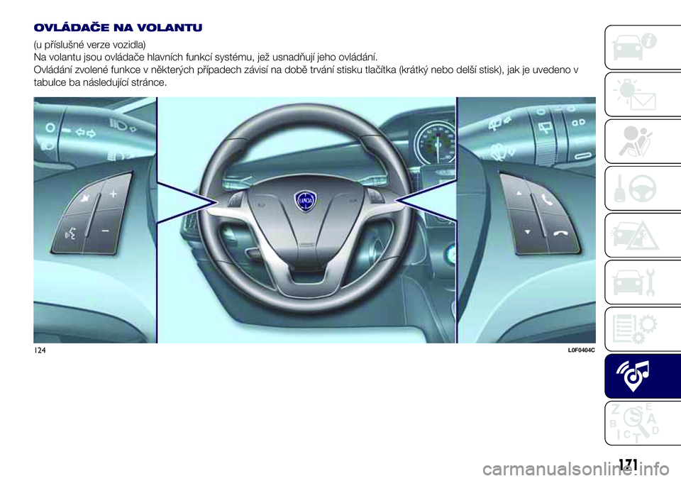 Lancia Ypsilon 2016  Návod k použití a údržbě (in Czech) OVLÁDAČE NA VOLANTU
(u příslušné verze vozidla)
Na volantu jsou ovládače hlavních funkcí systému, jež usnadňují jeho ovládání.
Ovládání zvolené funkce v některých případech z�
