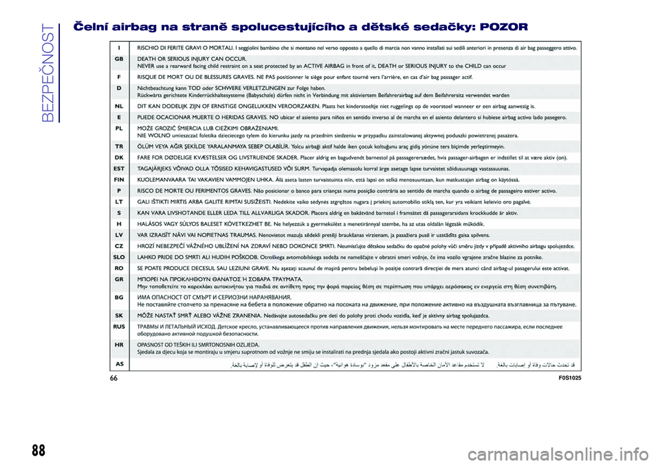 Lancia Ypsilon 2020 Návod k použití a údržbě (in Czech) Čelní airbag na straně spolucestujícího a dětské sedačky: POZOR
66F0S1025
88
BEZPEČNOST Lancia Ypsilon 2020 Návod k použití a údržbě (in Czech) Čelní airbag na straně spolucestujícího a dětské sedačky: POZOR
66F0S1025
88
BEZPEČNOST