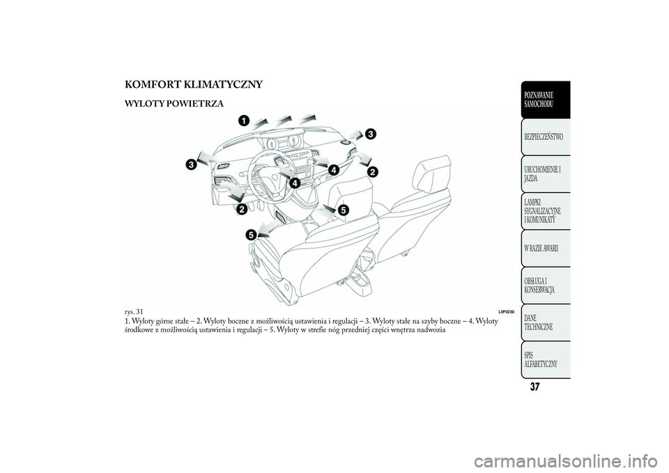 Lancia Ypsilon 2011 Instrukcja obsługi (in Polish) KOMFORT KLIMATYCZNYWYLOTY POWIETRZA1. Wyloty górne stałe – 2. Wyloty boczne z możliwością ustawienia i regulacji – 3. Wyloty stałe na szyby boczne – 4. Wyloty
środkowe z możliwością us Lancia Ypsilon 2011 Instrukcja obsługi (in Polish) KOMFORT KLIMATYCZNYWYLOTY POWIETRZA1. Wyloty górne stałe – 2. Wyloty boczne z możliwością ustawienia i regulacji – 3. Wyloty stałe na szyby boczne – 4. Wyloty
środkowe z możliwością us