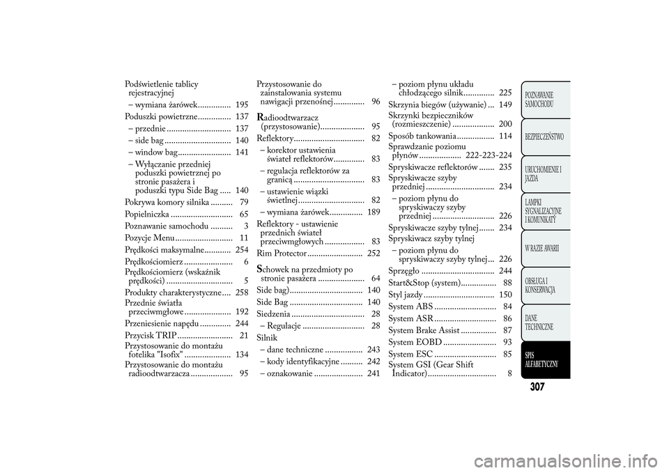 Lancia Ypsilon 2013  Instrukcja obsługi (in Polish) Podświetlenie tablicy
rejestracyjnej
– wymiana żarówek............... 195
Poduszki powietrzne............... 137
– przednie ............................. 137
– side bag ......................
