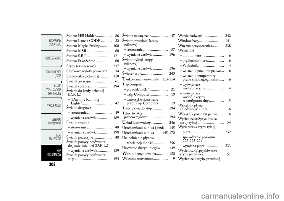 Lancia Ypsilon 2013  Instrukcja obsługi (in Polish) System Hill Holder ................. 86
System Lancia CODE ............ 22
System Magic Parking............ 100
System MSR ........................... 88
System S.B.R.......................... 121
Sys
