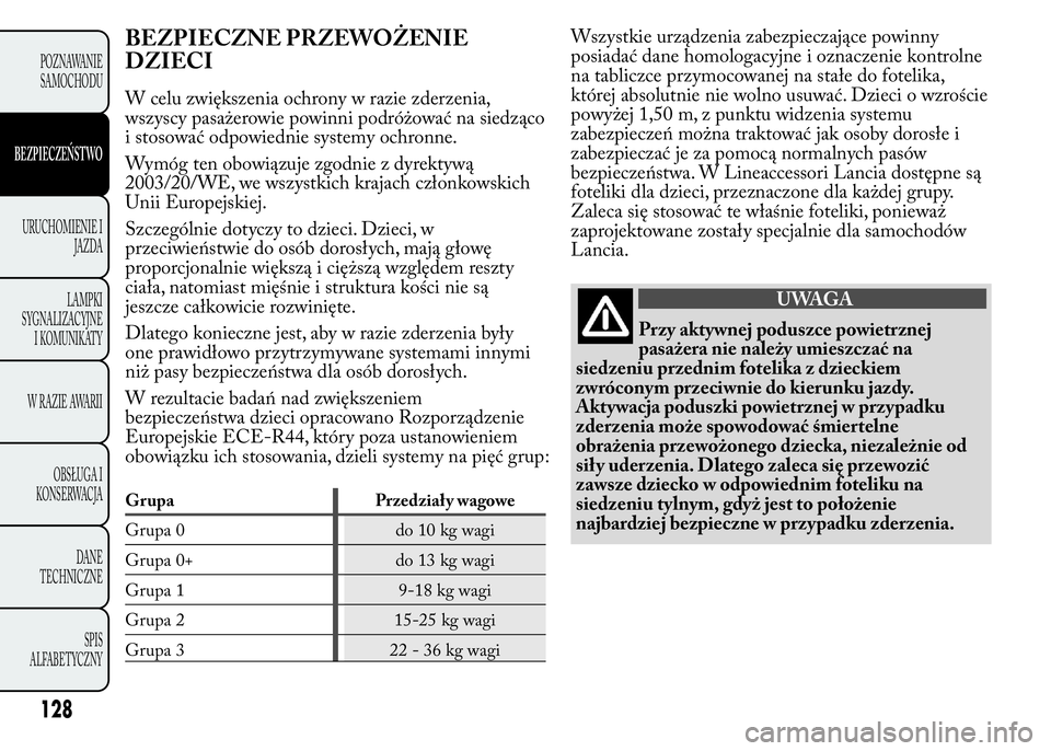 Lancia Ypsilon 2015  Instrukcja obsługi (in Polish) BEZPIECZNE PRZEWOŻENIE
DZIECI
W celu zwiększenia ochrony w razie zderzenia,
wszyscy pasażerowie powinni podróżować na siedząco
i stosować odpowiednie systemy ochronne.
Wymóg ten obowiązuje z