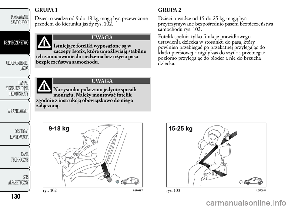 Lancia Ypsilon 2015  Instrukcja obsługi (in Polish) GRUPA 1
Dzieci o wadze od 9 do 18 kg mogą być przewożone
przodem do kierunku jazdy rys. 102.
UWAGA
Istniejące foteliki wyposażone są w
zaczepy Isofix, które umożliwiają stabilne
ich zamocowan
