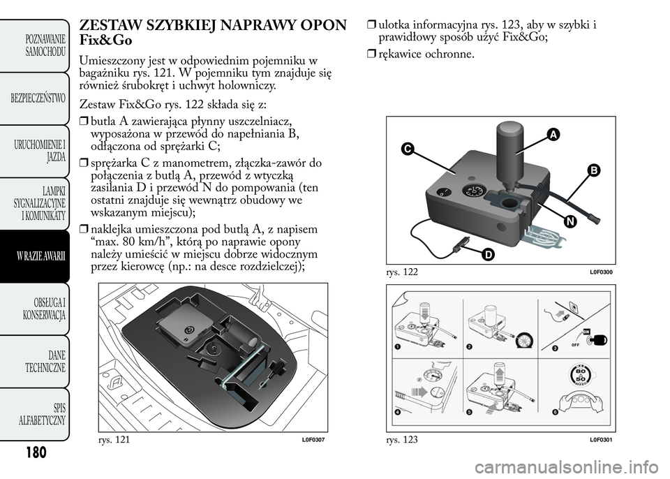 Lancia Ypsilon 2015  Instrukcja obsługi (in Polish) 180
POZNAWANIE
SAMOCHODU
BEZPIECZEŃSTWO
URUCHOMIENIE I
JAZDA
LAMPKI
SYGNALIZACYJNE
I KOMUNIKATY
W RAZIE AWARII
OBSŁUGA I
KONSERWACJA
DANE
TECHNICZNE
SPIS
ALFABETYCZNY
ZESTAW SZYBKIEJ NAPRAWY OPON
Fi