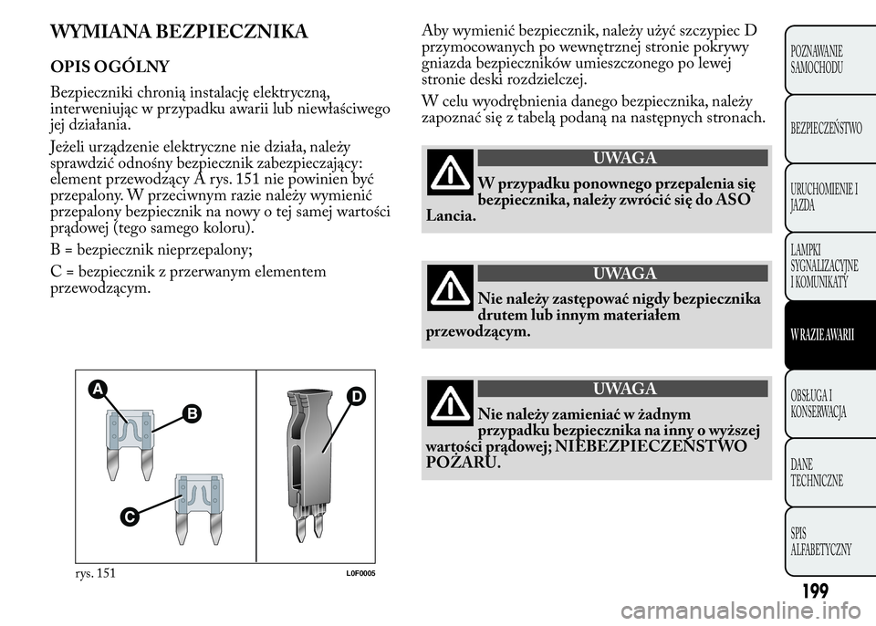 Lancia Ypsilon 2015 Instrukcja obsługi (in Polish) WYMIANA BEZPIECZNIKA
OPIS OGÓLNY
Bezpieczniki chronią instalację elektryczną,
interweniując w przypadku awarii lub niewłaściwego
jej działania.
Jeżeli urządzenie elektryczne nie działa, nal Lancia Ypsilon 2015 Instrukcja obsługi (in Polish) WYMIANA BEZPIECZNIKA
OPIS OGÓLNY
Bezpieczniki chronią instalację elektryczną,
interweniując w przypadku awarii lub niewłaściwego
jej działania.
Jeżeli urządzenie elektryczne nie działa, nal
