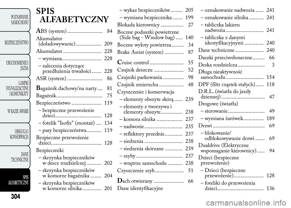 Lancia Ypsilon 2015  Instrukcja obsługi (in Polish) SPIS
ALFABETYCZNY
ABS (system) .......................... 84
Akumulator
(doładowywanie)................... 209
Akumulator ............................ 228
– wymiana............................. 228