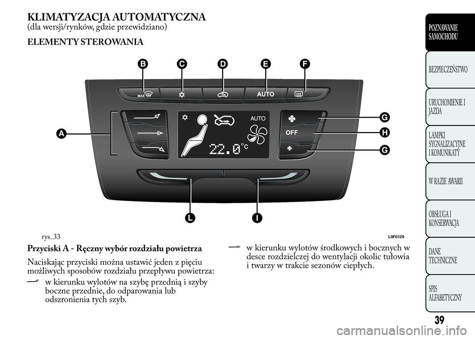 Lancia Ypsilon 2015  Instrukcja obsługi (in Polish) KLIMATYZACJA AUTOMATYCZNA
(dla wersji/rynków, gdzie przewidziano)
ELEMENTY STEROWANIA
Przyciski A - Ręczny wybór rozdziału powietrza
Naciskając przyciski można ustawić jeden z pięciu
możliwyc