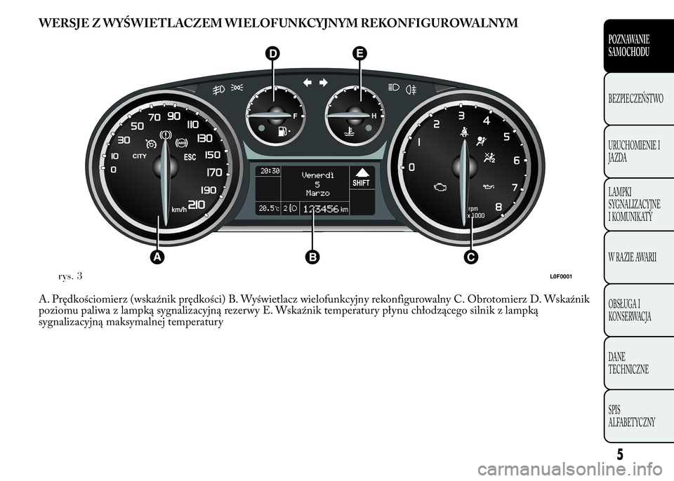 Lancia Ypsilon 2015  Instrukcja obsługi (in Polish) WERSJE Z WYŚWIETLACZEM WIELOFUNKCYJNYM REKONFIGUROWALNYM
A. Prędkościomierz (wskaźnik prędkości) B. Wyświetlacz wielofunkcyjny rekonfigurowalny C. Obrotomierz D. Wskaźnik
poziomu paliwa z lamp