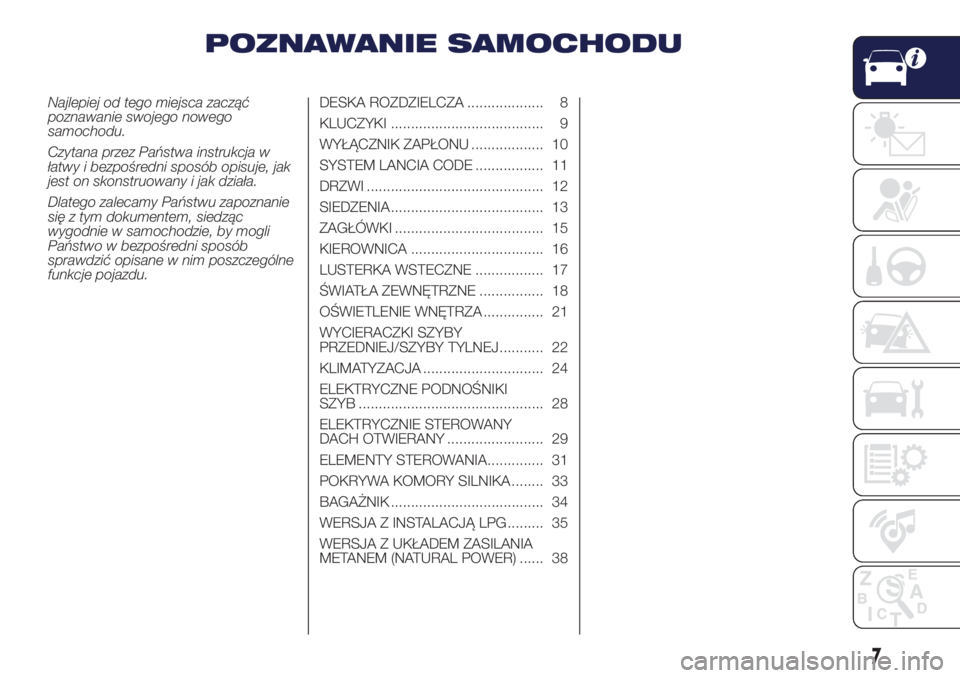 Lancia Ypsilon 2016  Instrukcja obsługi (in Polish) POZNAWANIE SAMOCHODU
Najlepiej od tego miejsca zacząć
poznawanie swojego nowego
samochodu.
Czytana przez Państwa instrukcja w
łatwy i bezpośredni sposób opisuje, jak
jest on skonstruowany i jak 
