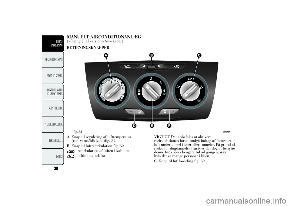 Lancia Ypsilon 2011 Brugs- og vedligeholdelsesvejledning (in Danish) MANUELT AIRCONDITIONANLÆG(afhængigt af versioner/markeder)
BETJENINGSKNAPPER
A Knap til regulering af lufttemperatur
(rød-varm/blå-kold)fig. 32
B Knap til luftrecirkulation fig. 32
recirkulation a Lancia Ypsilon 2011 Brugs- og vedligeholdelsesvejledning (in Danish) MANUELT AIRCONDITIONANLÆG(afhængigt af versioner/markeder)
BETJENINGSKNAPPER
A Knap til regulering af lufttemperatur
(rød-varm/blå-kold)fig. 32
B Knap til luftrecirkulation fig. 32
recirkulation a