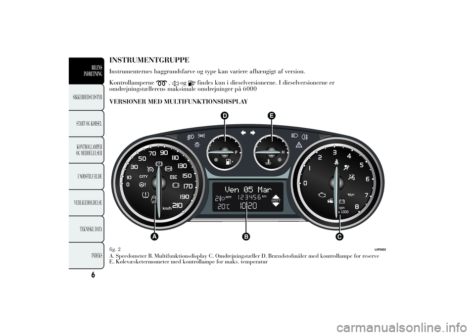 Lancia Ypsilon 2011 Brugs- og vedligeholdelsesvejledning (in Danish) INSTRUMENTGRUPPEInstrumenternes baggrundsfarve og type kan variere afhængigt af version.
Kontrollamperne
,
og
findes kun i dieselversionerne. I dieselversionerne er
omdrejningstællerens maksimale om Lancia Ypsilon 2011 Brugs- og vedligeholdelsesvejledning (in Danish) INSTRUMENTGRUPPEInstrumenternes baggrundsfarve og type kan variere afhængigt af version.
Kontrollamperne
,
og
findes kun i dieselversionerne. I dieselversionerne er
omdrejningstællerens maksimale om