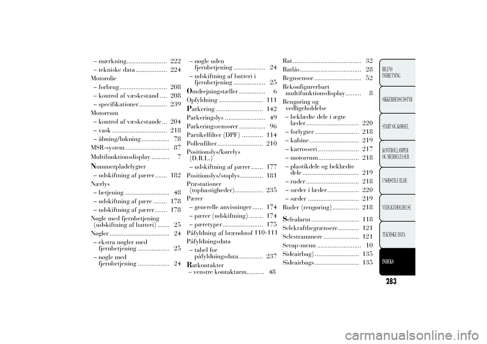 Lancia Ypsilon 2014  Brugs- og vedligeholdelsesvejledning (in Danish) – mærkning....................... 222
– tekniske data .................. 224
Motorolie
– forbrug ........................... 208
– kontrol af væskestand .... 208
– specifikationer ........