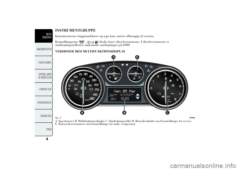 Lancia Ypsilon 2013 Brugs- og vedligeholdelsesvejledning (in Danish) INSTRUMENTGRUPPEInstrumenternes baggrundsfarve og type kan variere afhængigt af version.
Kontrollamperne
,
og
findes kun i dieselversionerne. I dieselversionerne er
omdrejningstællerens maksimale om Lancia Ypsilon 2013 Brugs- og vedligeholdelsesvejledning (in Danish) INSTRUMENTGRUPPEInstrumenternes baggrundsfarve og type kan variere afhængigt af version.
Kontrollamperne
,
og
findes kun i dieselversionerne. I dieselversionerne er
omdrejningstællerens maksimale om