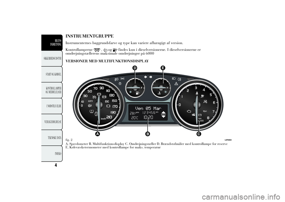 Lancia Ypsilon 2014  Brugs- og vedligeholdelsesvejledning (in Danish) INSTRUMENTGRUPPEInstrumenternes baggrundsfarve og type kan variere afhængigt af version.
Kontrollamperne
,
og
findes kun i dieselversionerne. I dieselversionerne er
omdrejningstællerens maksimale om