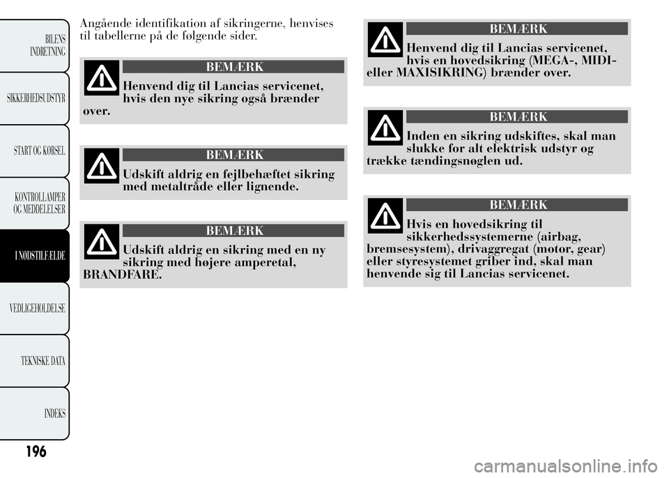 Lancia Ypsilon 2015 Brugs- og vedligeholdelsesvejledning (in Danish) Angående identifikation af sikringerne, henvises
til tabellerne på de følgende sider.
BEMÆRK
Henvend dig til Lancias servicenet,
hvis den nye sikring også brænder
over.
BEMÆRK
Udskift aldrig en Lancia Ypsilon 2015 Brugs- og vedligeholdelsesvejledning (in Danish) Angående identifikation af sikringerne, henvises
til tabellerne på de følgende sider.
BEMÆRK
Henvend dig til Lancias servicenet,
hvis den nye sikring også brænder
over.
BEMÆRK
Udskift aldrig en