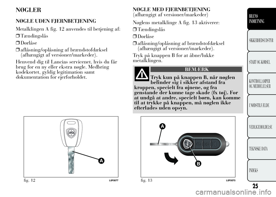 Lancia Ypsilon 2015 Brugs- og vedligeholdelsesvejledning (in Danish) NØGLER
NØGLE UDEN FJERNBETJENING
Metalklingen A fig. 12 anvendes til betjening af:
❒Tændingslås
❒Dørlåse
❒aflåsning/oplåsning af brændstofdæksel
(afhængigt af versioner/markeder).
Hen Lancia Ypsilon 2015 Brugs- og vedligeholdelsesvejledning (in Danish) NØGLER
NØGLE UDEN FJERNBETJENING
Metalklingen A fig. 12 anvendes til betjening af:
❒Tændingslås
❒Dørlåse
❒aflåsning/oplåsning af brændstofdæksel
(afhængigt af versioner/markeder).
Hen