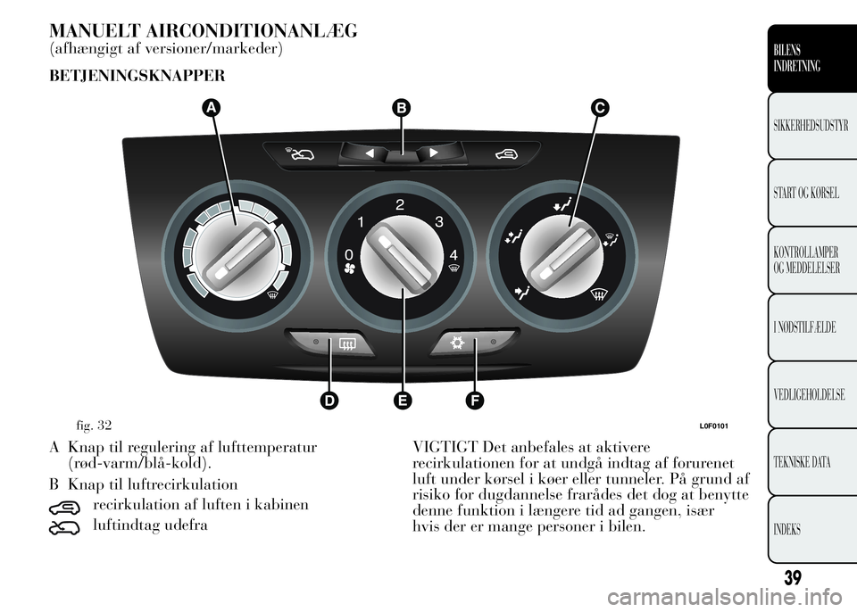 Lancia Ypsilon 2015 Brugs- og vedligeholdelsesvejledning (in Danish) MANUELT AIRCONDITIONANLÆG
(afhængigt af versioner/markeder)
BETJENINGSKNAPPER
A Knap til regulering af lufttemperatur
(rød-varm/blå-kold).
B Knap til luftrecirkulation
recirkulation af luften i ka Lancia Ypsilon 2015 Brugs- og vedligeholdelsesvejledning (in Danish) MANUELT AIRCONDITIONANLÆG
(afhængigt af versioner/markeder)
BETJENINGSKNAPPER
A Knap til regulering af lufttemperatur
(rød-varm/blå-kold).
B Knap til luftrecirkulation
recirkulation af luften i ka