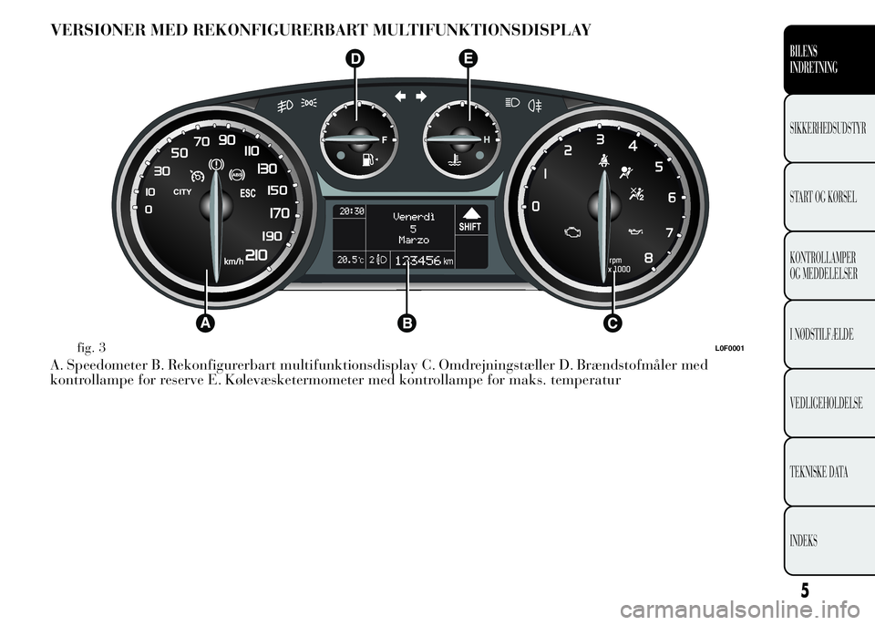 Lancia Ypsilon 2015  Brugs- og vedligeholdelsesvejledning (in Danish) VERSIONER MED REKONFIGURERBART MULTIFUNKTIONSDISPLAY
A. Speedometer B. Rekonfigurerbart multifunktionsdisplay C. Omdrejningstæller D. Brændstofmåler med
kontrollampe for reserve E. Kølevæsketermo