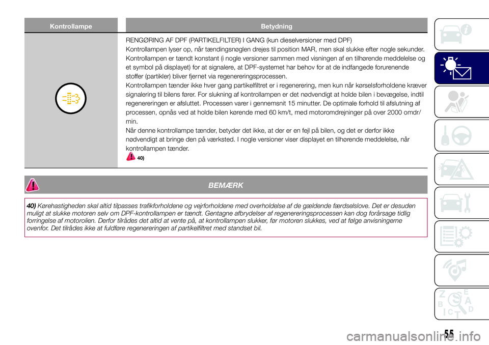 Lancia Ypsilon 2017  Brugs- og vedligeholdelsesvejledning (in Danish) Kontrollampe Betydning
RENGØRING AF DPF (PARTIKELFILTER) I GANG (kun dieselversioner med DPF)
Kontrollampen lyser op, når tændingsnøglen drejes til position MAR, men skal slukke efter nogle sekund