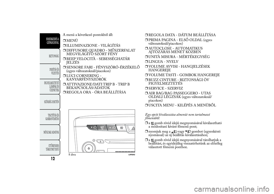 Lancia Ypsilon 2011 Kezelési és karbantartási útmutató (in Hungarian) ❒MENÜ
❒ILLUMINAZIONE - VILÁGÍTÁS
❒DIFF USORE QUADRO - MŰSZERFALAT
MEGVILÁGÍTÓ SZÓRT FÉNY
❒BEEP VELOCITÀ - SEBESSÉGHATÁR
JELZÉS
❒SENSORE FARI - FÉNYSZÓRÓ-ÉRZÉKELŐ
(egyes v Lancia Ypsilon 2011 Kezelési és karbantartási útmutató (in Hungarian) ❒MENÜ
❒ILLUMINAZIONE - VILÁGÍTÁS
❒DIFF USORE QUADRO - MŰSZERFALAT
MEGVILÁGÍTÓ SZÓRT FÉNY
❒BEEP VELOCITÀ - SEBESSÉGHATÁR
JELZÉS
❒SENSORE FARI - FÉNYSZÓRÓ-ÉRZÉKELŐ
(egyes v