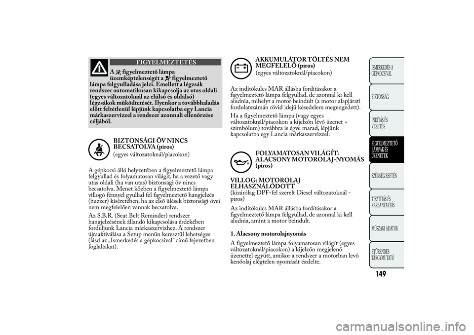 Lancia Ypsilon 2011  Kezelési és karbantartási útmutató (in Hungarian) FIGYELMEZTETÉS
A
figyelmeztető lámpa
üzemképtelenségét a
figyelmeztető
lámpa felgyulladása jelzi. Emellett a légzsák
rendszer automatikusan kikapcsolja az utas oldali
(egyes változatokná