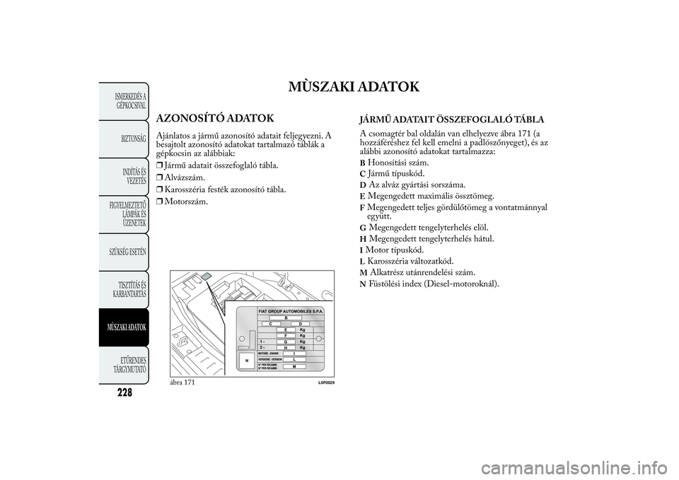 Lancia Ypsilon 2012 Kezelési és karbantartási útmutató (in Hungarian) MÙSZAKI ADATOK
AZONOSÍTÓ ADATOKAjánlatos a jármű azonosító adatait feljegyezni. A
besajtolt azonosító adatokat tartalmazó táblák a
gépkocsin az alábbiak:
❒Jármű adatait összefoglal Lancia Ypsilon 2012 Kezelési és karbantartási útmutató (in Hungarian) MÙSZAKI ADATOK
AZONOSÍTÓ ADATOKAjánlatos a jármű azonosító adatait feljegyezni. A
besajtolt azonosító adatokat tartalmazó táblák a
gépkocsin az alábbiak:
❒Jármű adatait összefoglal
