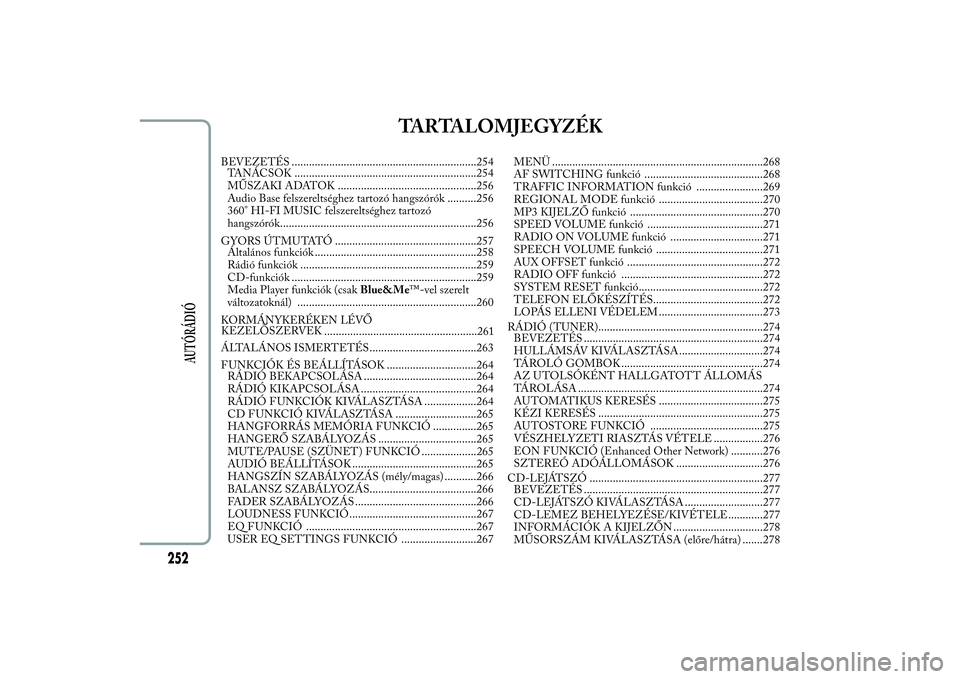 Lancia Ypsilon 2012 Kezelési és karbantartási útmutató (in Hungarian) TARTALOMJEGYZÉK
BEVEZETÉS ................................................................254
TANÁCSOK ...............................................................254
MŰSZAKI ADATOK ........... Lancia Ypsilon 2012 Kezelési és karbantartási útmutató (in Hungarian) TARTALOMJEGYZÉK
BEVEZETÉS ................................................................254
TANÁCSOK ...............................................................254
MŰSZAKI ADATOK ...........