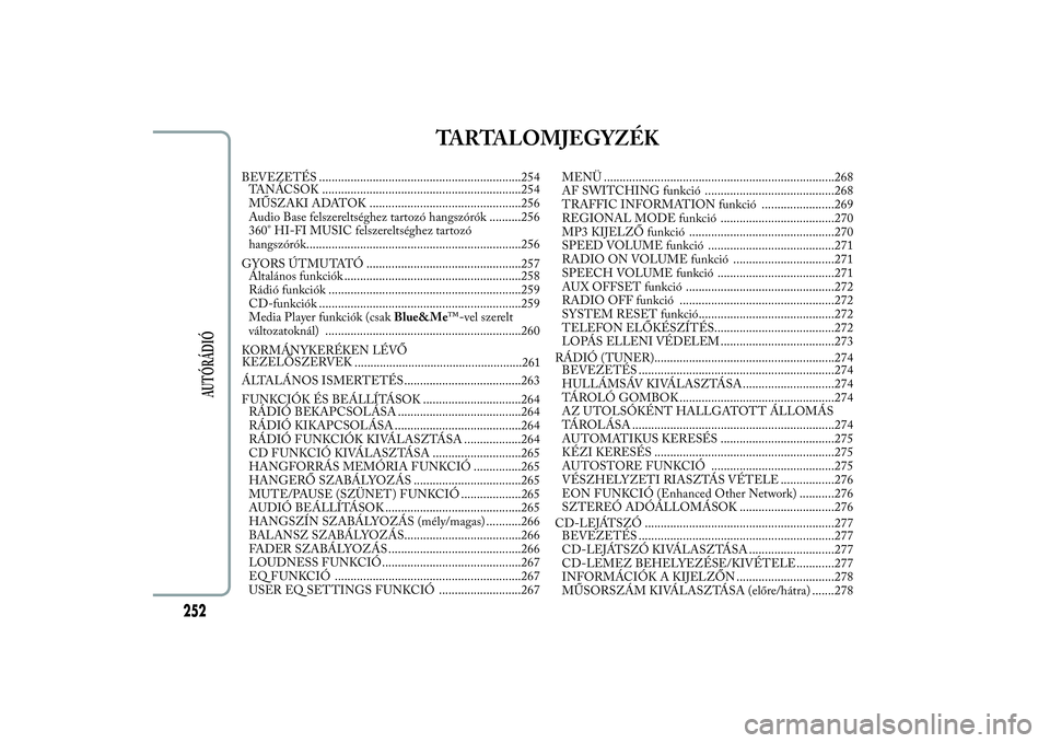 Lancia Ypsilon 2012  Kezelési és karbantartási útmutató (in Hungarian) TARTALOMJEGYZÉK
BEVEZETÉS ................................................................254
TANÁCSOK ...............................................................254
MŰSZAKI ADATOK ...........