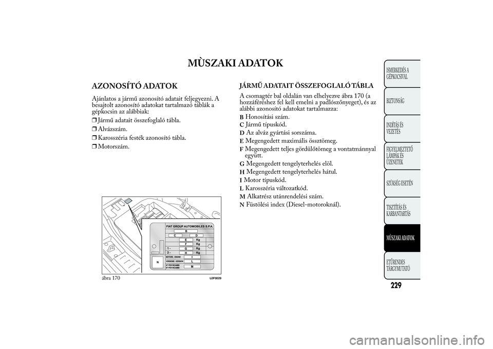 Lancia Ypsilon 2014  Kezelési és karbantartási útmutató (in Hungarian) MÙSZAKI ADATOK
AZONOSÍTÓ ADATOKAjánlatos a jármű azonosító adatait feljegyezni. A
besajtolt azonosító adatokat tartalmazó táblák a
gépkocsin az alábbiak:
❒Jármű adatait összefoglal