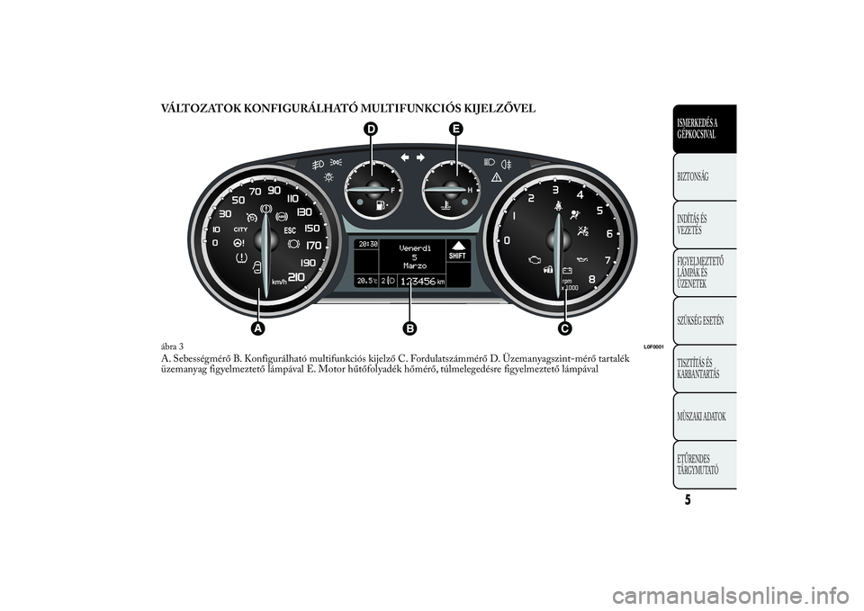 Lancia Ypsilon 2014  Kezelési és karbantartási útmutató (in Hungarian) VÁLTOZATOK KONFIGURÁLHATÓ MULTIFUNKCIÓS KIJELZŐVELA. Sebességmérő B. Konfigurálható multifunkciós kijelző C. Fordulatszámmérő D. Üzemanyagszint-mérő tartalék
üzemanyag figyelmeztet