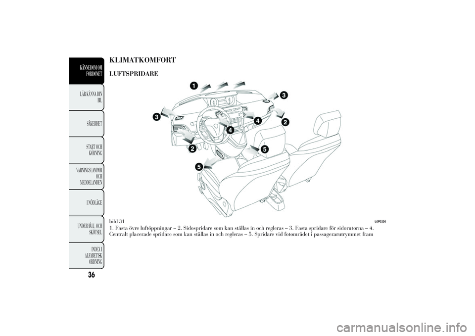 Lancia Ypsilon 2011  Drift- och underhållshandbok (in Swedish) KLIMATKOMFORTLUFTSPRIDARE1. Fasta övre luftöppningar – 2. Sidospridare som kan ställas in och regleras – 3. Fasta spridare för sidorutorna – 4.
Centralt placerade spridare som kan ställas i