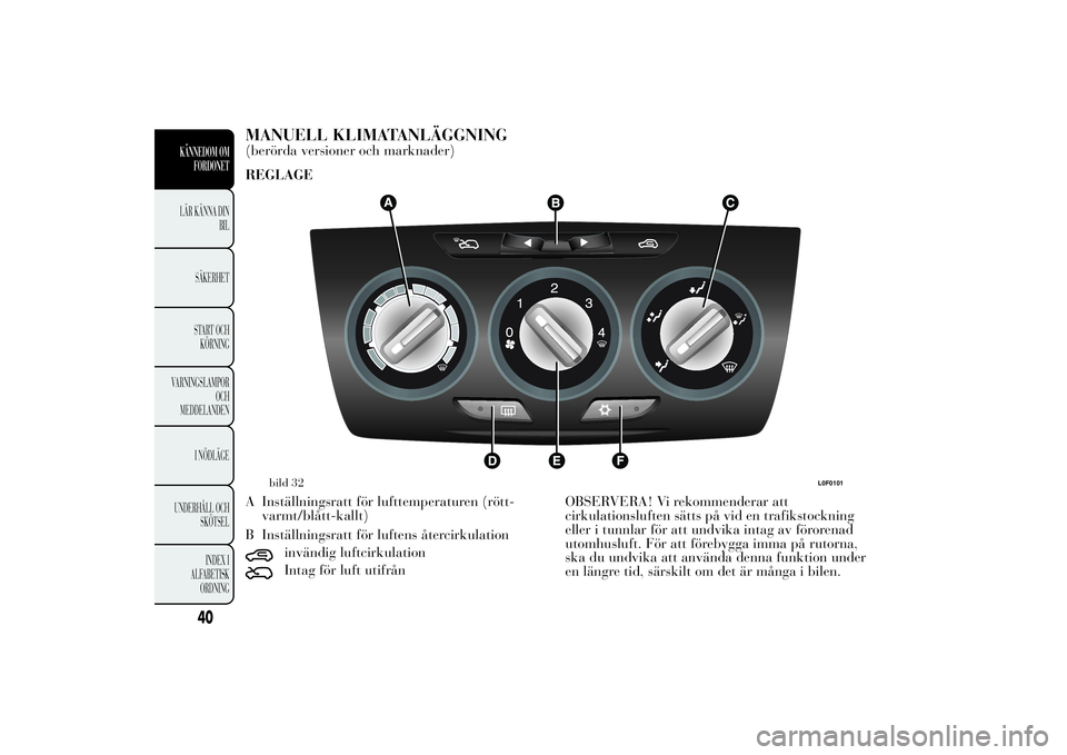 Lancia Ypsilon 2013  Drift- och underhållshandbok (in Swedish) MANUELL KLIMATANLÄGGNING(berörda versioner och marknader)
REGLAGE
A Inställningsratt för lufttemperaturen (rött-
varmt/blått-kallt)
B Inställningsratt för luftens återcirkulation
invändig lu