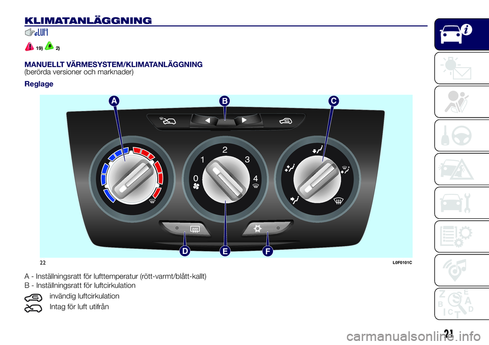 Lancia Ypsilon 2020  Drift- och underhållshandbok (in Swedish) KLIMATANLÄGGNING
19)2)
MANUELLT VÄRMESYSTEM/KLIMATANLÄGGNING(berörda versioner och marknader)
Reglage
A - Inställningsratt för lufttemperatur (rött-varmt/blått-kallt)
B - Inställningsratt fö