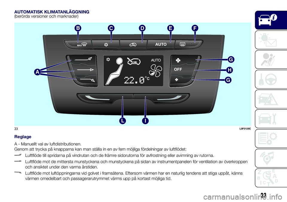 Lancia Ypsilon 2016  Drift- och underhållshandbok (in Swedish) AUTOMATISK KLIMATANLÄGGNING(berörda versioner och marknader)
Reglage
A - Manuellt val av luftdistributionen.
Genom att trycka på knapparna kan man ställa in en av fem möjliga fördelningar av luf