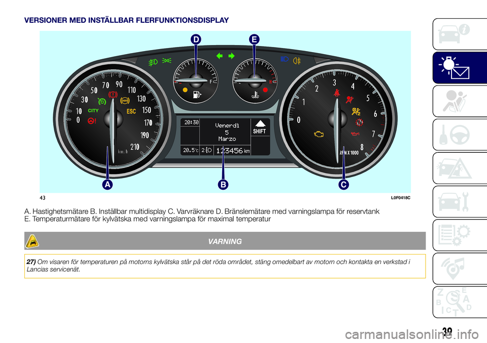 Lancia Ypsilon 2018  Drift- och underhållshandbok (in Swedish) VERSIONER MED INSTÄLLBAR FLERFUNKTIONSDISPLAY
A. Hastighetsmätare B. Inställbar multidisplay C. Varvräknare D. Bränslemätare med varningslampa för reservtank
E. Temperaturmätare för kylvätsk