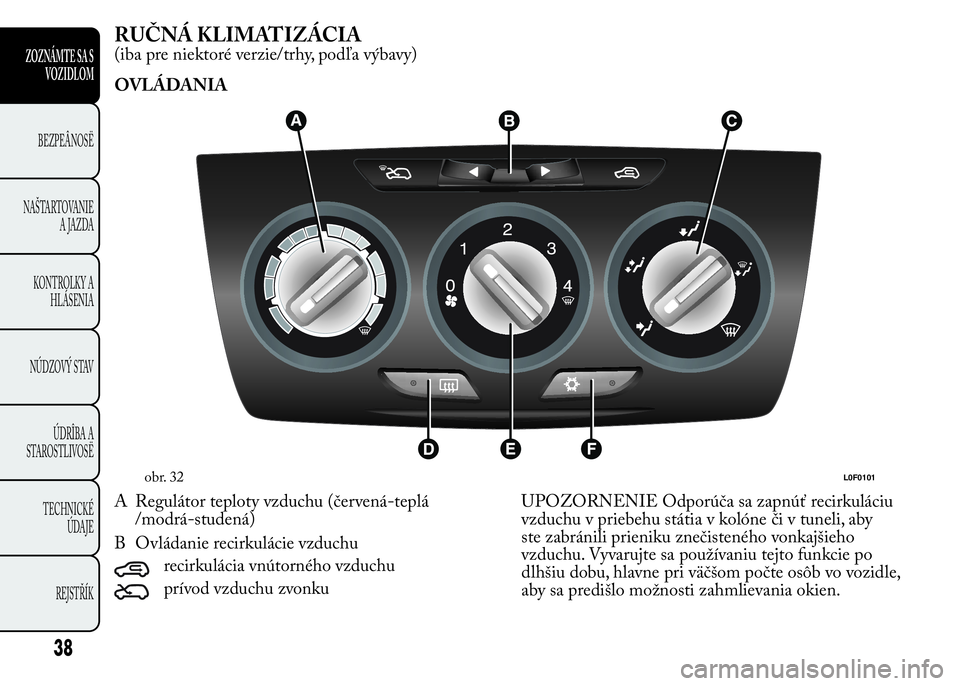 Lancia Ypsilon 2015  Drift- och underhållshandbok (in Swedish) RUČNÁ KLIMATIZÁCIA
(iba pre niektoré verzie/trhy, podľa výbavy)
OVLÁDANIA
A Regulátor teploty vzduchu (červená-teplá
/modrá-studená)
B Ovládanie recirkulácie vzduchu
recirkulácia vnút