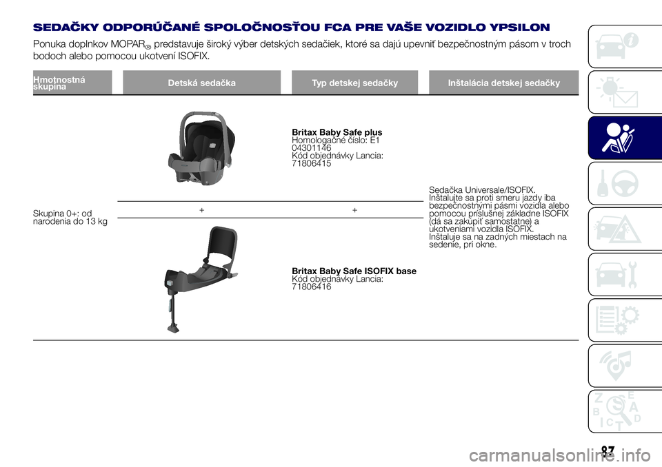 Lancia Ypsilon 2018  Drift- och underhållshandbok (in Swedish) SEDAČKY ODPORÚČANÉ SPOLOČNOSŤOU FCA PRE VAŠE VOZIDLO YPSILON
Ponuka doplnkov MOPAR®predstavuje široký výber detských sedačiek, ktoré sa dajú upevniť bezpečnostným pásom v troch
bodo